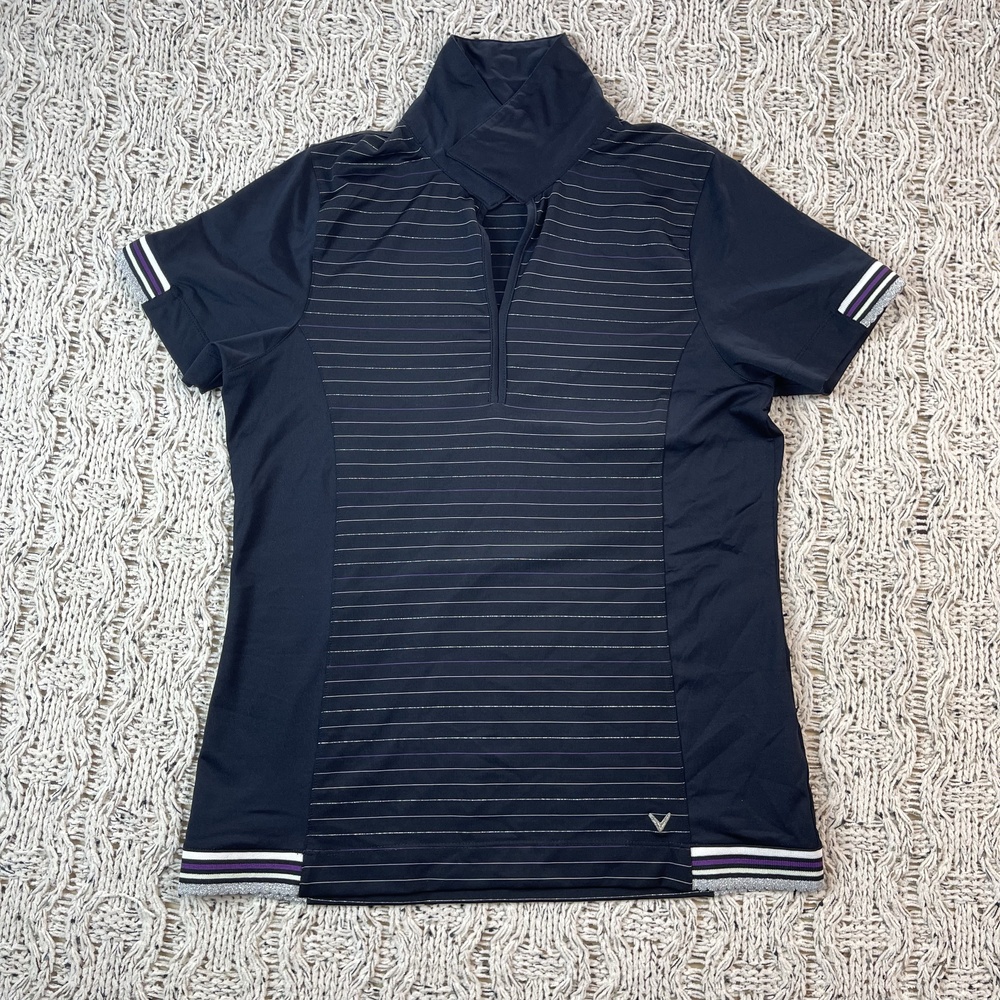 Callaway Golf Polo Shirt Womens XS Navy Polyester Blend Metallic Silver Striping